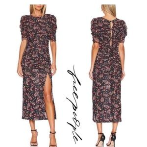 NWT Free People Brielle Floral Black Midi Dress with Side Slit
